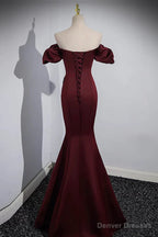 Off the Shoulder Burgundy Satin Long Prom Dresses, Wine Red Mermaid Formal Evening Dresses