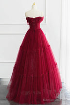 Off the Shoulder Burgundy Tulle Long Prom Dresses, Wine Red Long Tulle Formal Evening Dresses
