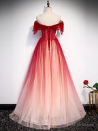 Off the Shoulder Burgundy Tulle Prom Dresses, Burgundy Tulle Formal Graduation Dresses