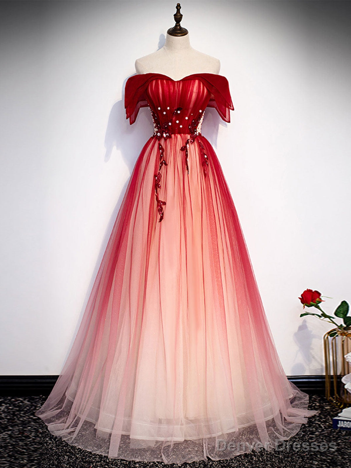 Off the Shoulder Burgundy Tulle Prom Dresses, Burgundy Tulle Formal Graduation Dresses Main image