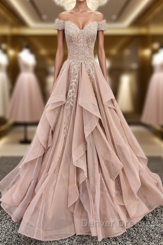 Off the Shoulder Champagne Lace Prom Dress, Off Shoulder Champagne Lace Formal Evening Dress Main image