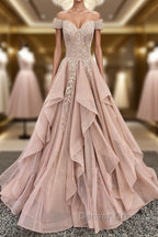 Off the Shoulder Champagne Lace Prom Dress, Off Shoulder Champagne Lace Formal Evening Dress