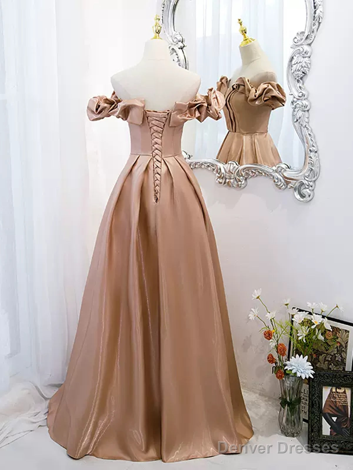 Off the Shoulder Champagne Satin Prom Dresses, Champagne Long Formal Evening Dresses