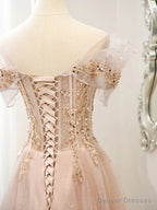 Off the Shoulder Champagne Tulle Lace Prom Dress, Off Shoulder Champagne Lace Formal Dress