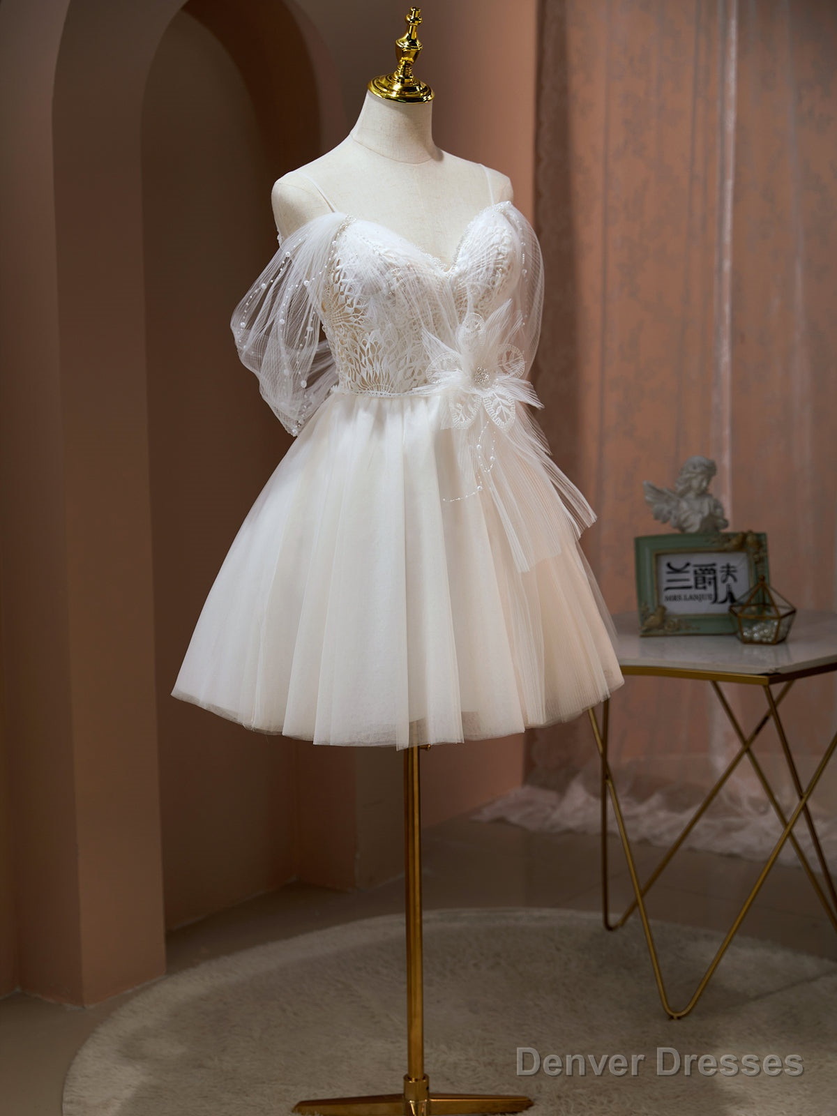 Off the Shoulder Champagne Tulle Prom Dress, Short Formal Homecoming Dress Main image