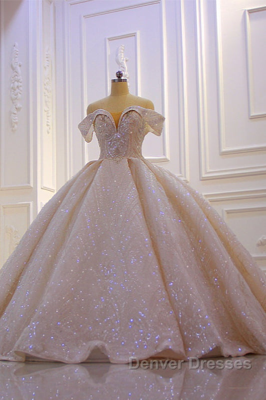 Off the shoulder Champange Puffy ball Gown Sparkle Wedding Dress Secondary image