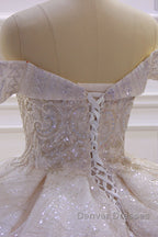 Off the shoulder Champange Puffy ball Gown Sparkle Wedding Dress