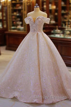Off the shoulder Champange Puffy ball Gown Sparkle Wedding Dress