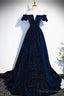 Off the Shoulder Dark Navy Blue Long Prom Dresses, Dark Navy Blue Long Formal Evening Dresses