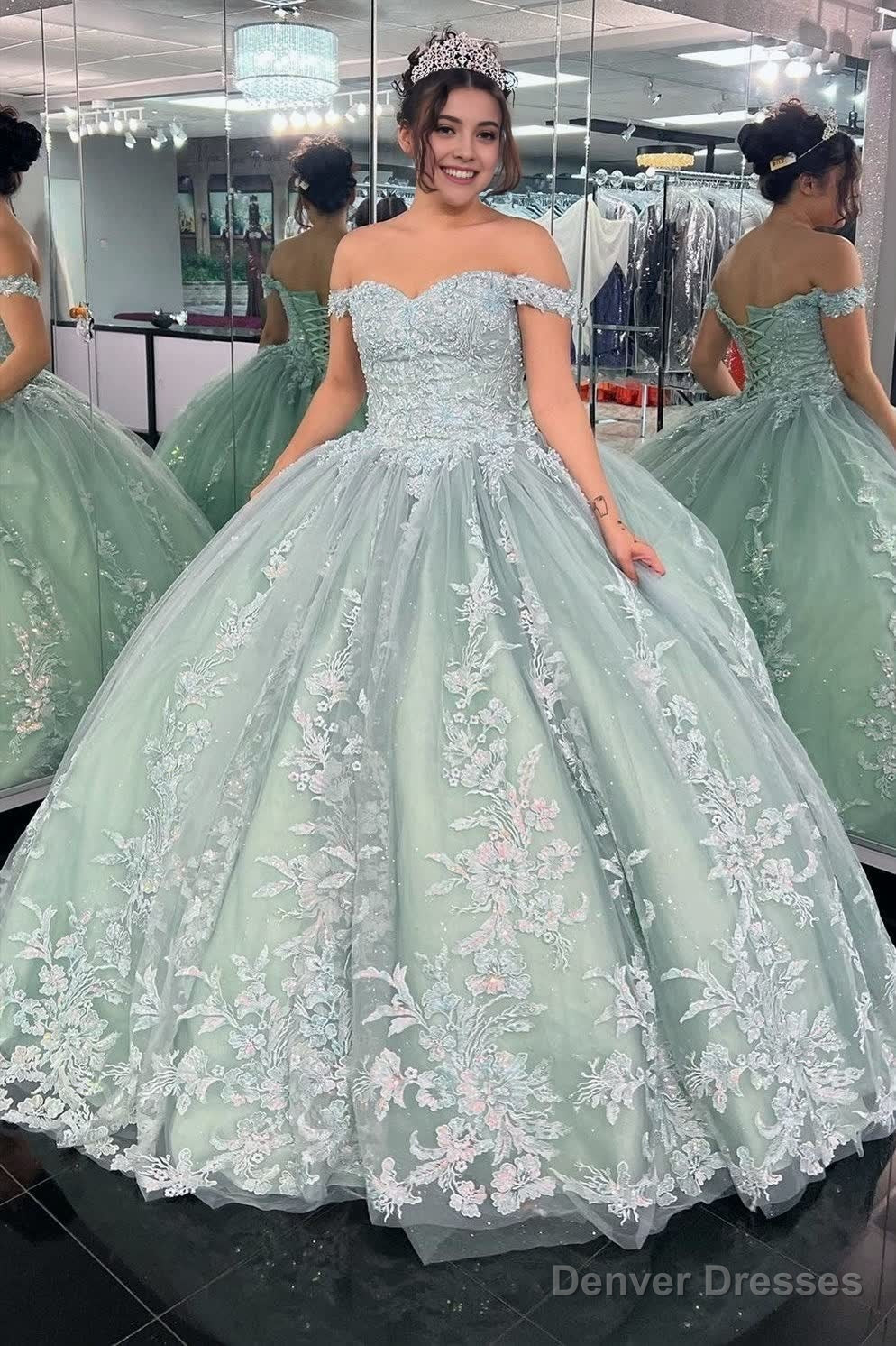 Off-the-Shoulder Dusty Sage Appliques With Lace Up Quinceanera Dress Main image