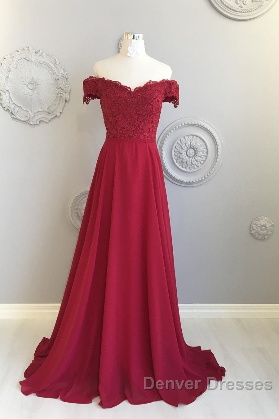 Off The Shoulder Floor Length Burgundy Lace Prom Dress, Burgundy Off Shoulder Lace Bridesmaid Dress Secondary image