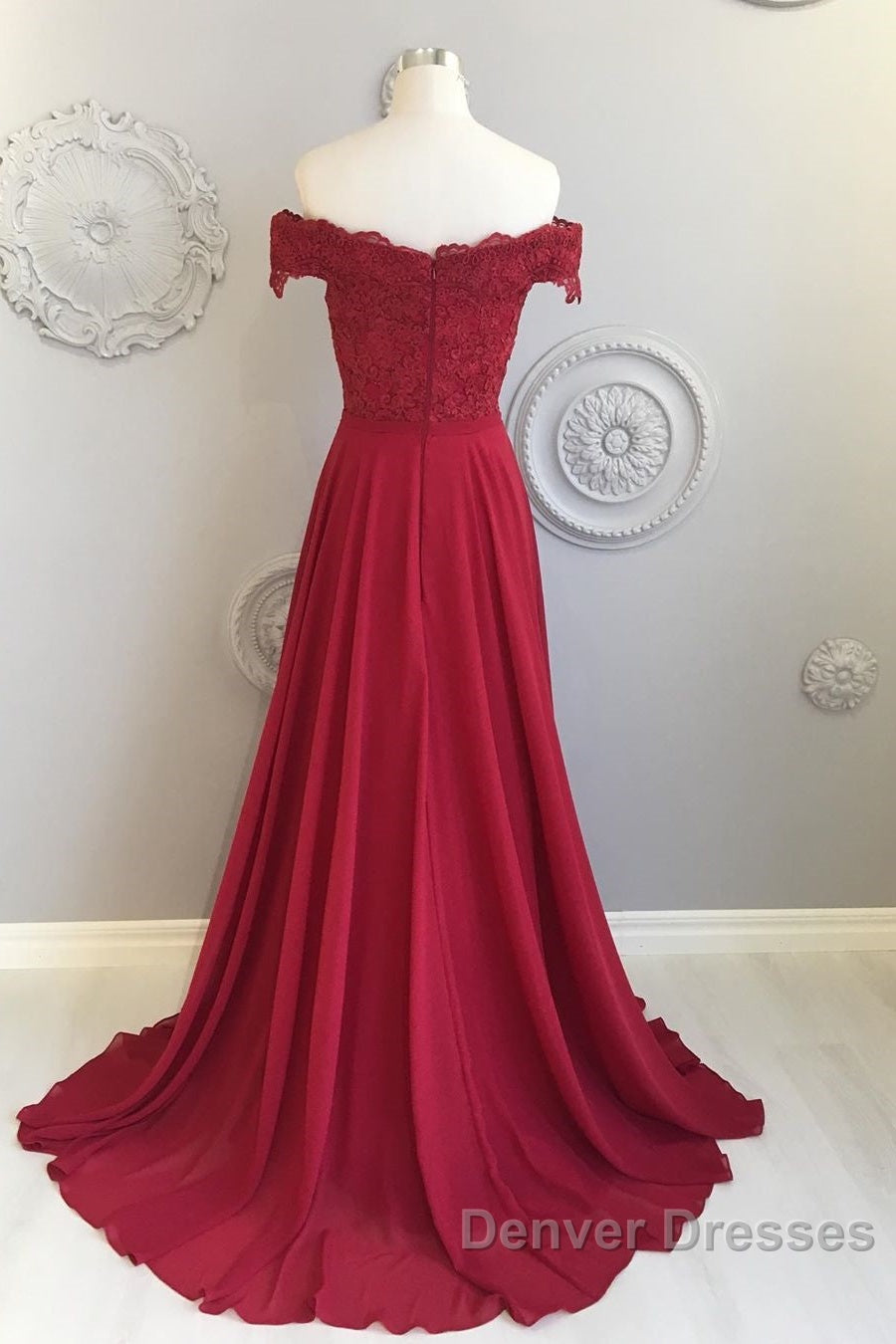 Off The Shoulder Floor Length Burgundy Lace Prom Dress, Burgundy Off Shoulder Lace Bridesmaid Dress