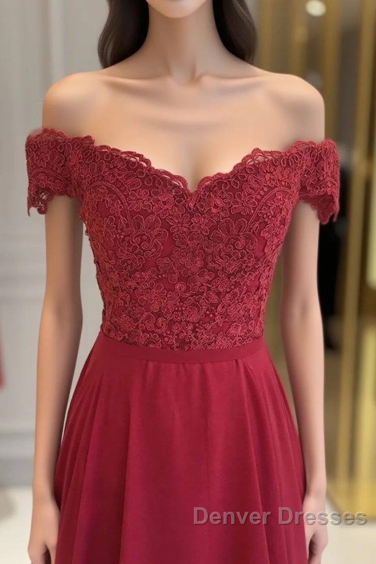 Off The Shoulder Floor Length Burgundy Lace Prom Dress, Burgundy Off Shoulder Lace Bridesmaid Dress Main image