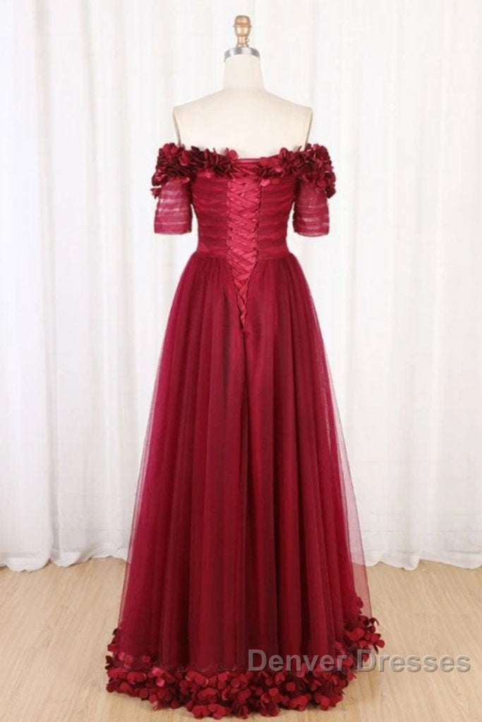 Off The Shoulder Flowers Burgundy Tulle Long Prom Dress Secondary image