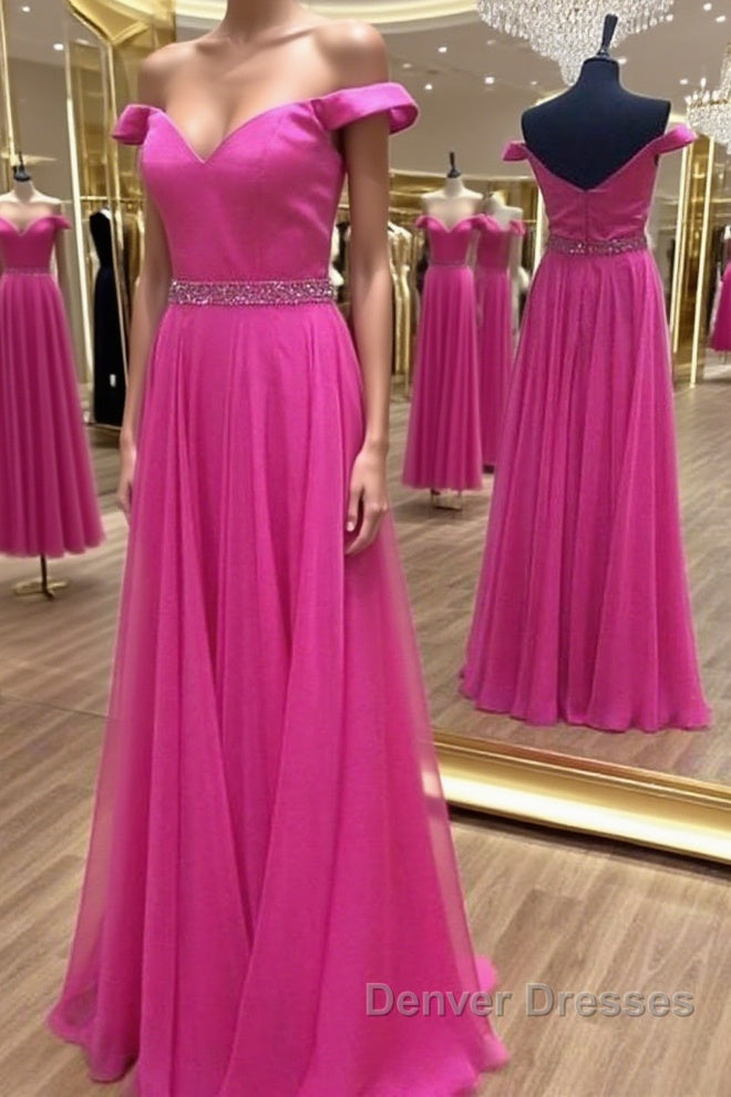 Off the Shoulder Fuchsia Long Prom Dress with Belt, Off Shoulder Fuchsia Formal Evening Dress Main image