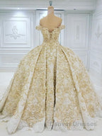 Off the shoulder Golden Lace Appliques Formal Ball Gown Wedding Dress