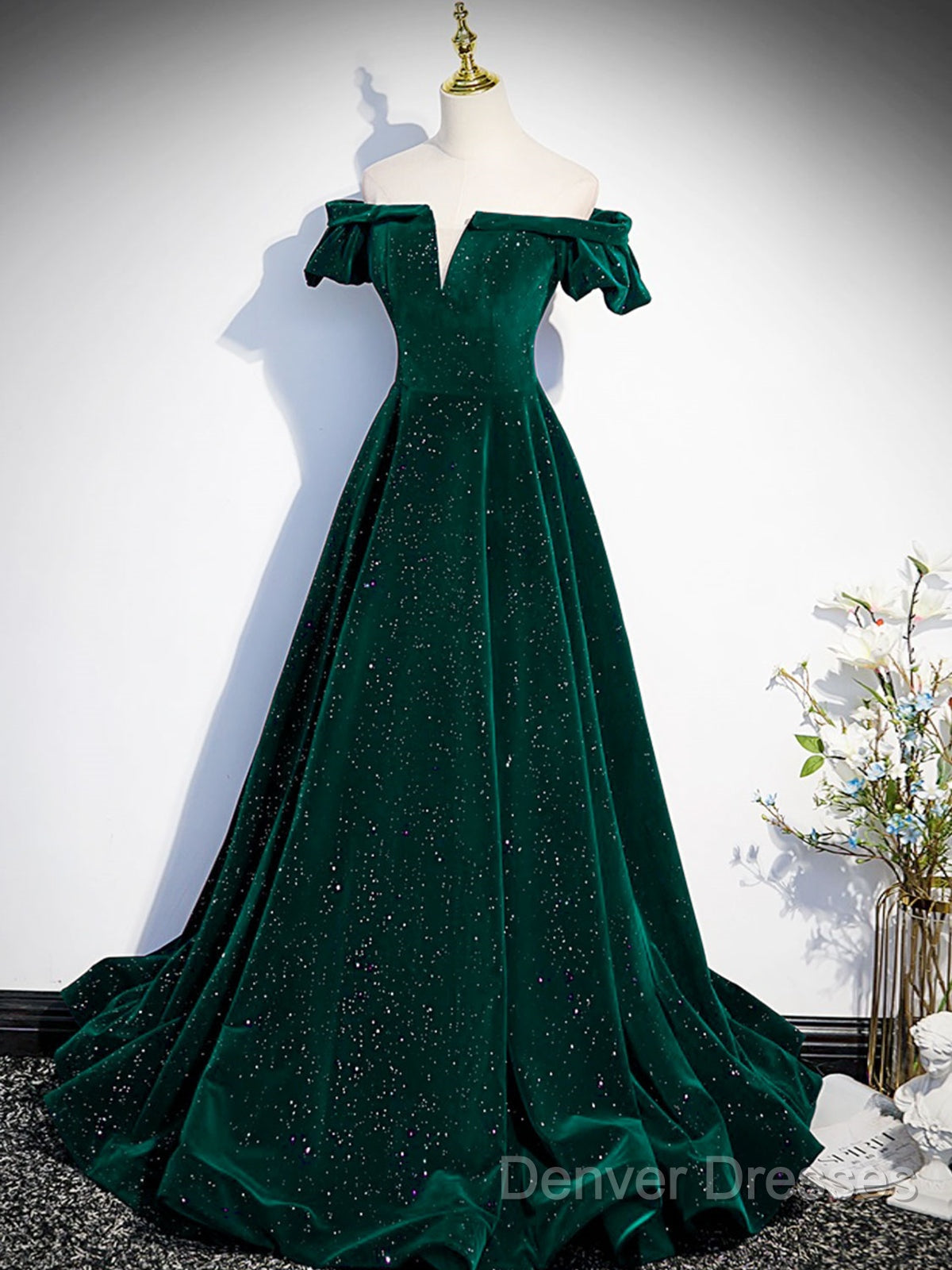 Off The Shoulder Green Black Long Prom Dress, Off Shoulder Green Black Formal Evening Dress Secondary image