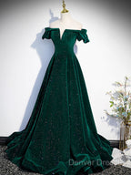 Off The Shoulder Green Black Long Prom Dress, Off Shoulder Green Black Formal Evening Dress