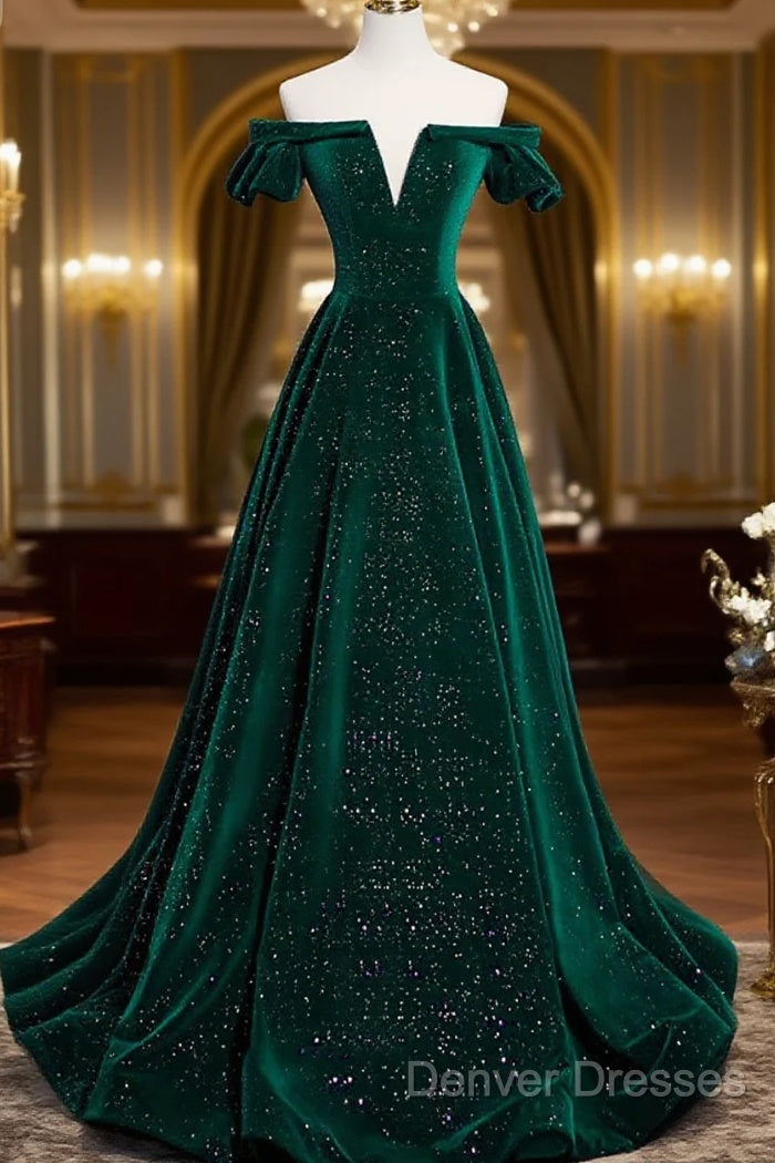 Off The Shoulder Green Black Long Prom Dress, Off Shoulder Green Black Formal Evening Dress