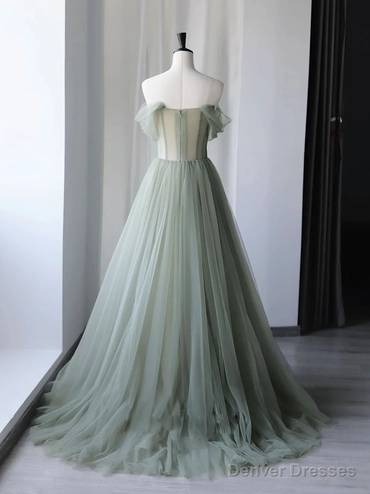 Off the Shoulder Green Floral Long Prom Dresses, Green Floral Long Formal Evening Dresses Secondary image