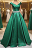 Off the Shoulder Green Long Prom Dress with Corset Back, Off Shoulder Long Green Formal Evening Dress