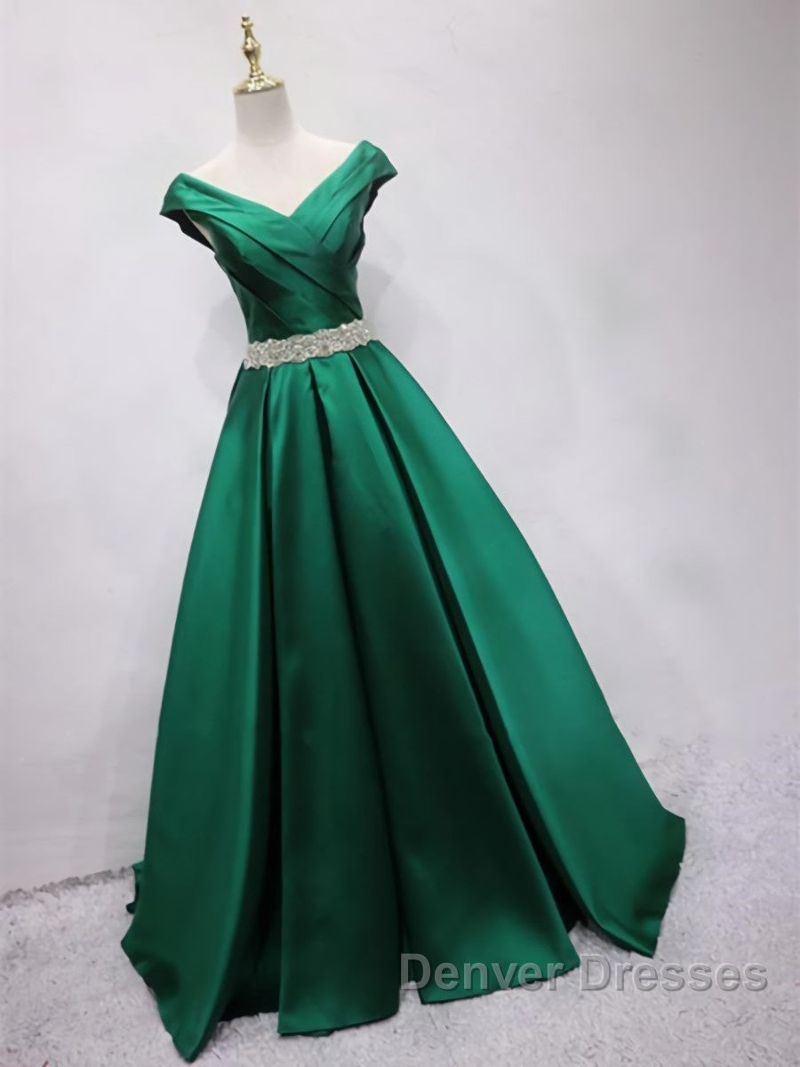 Off the Shoulder Green Long Prom Dress with Corset Back, Off Shoulder Long Green Formal Evening Dress