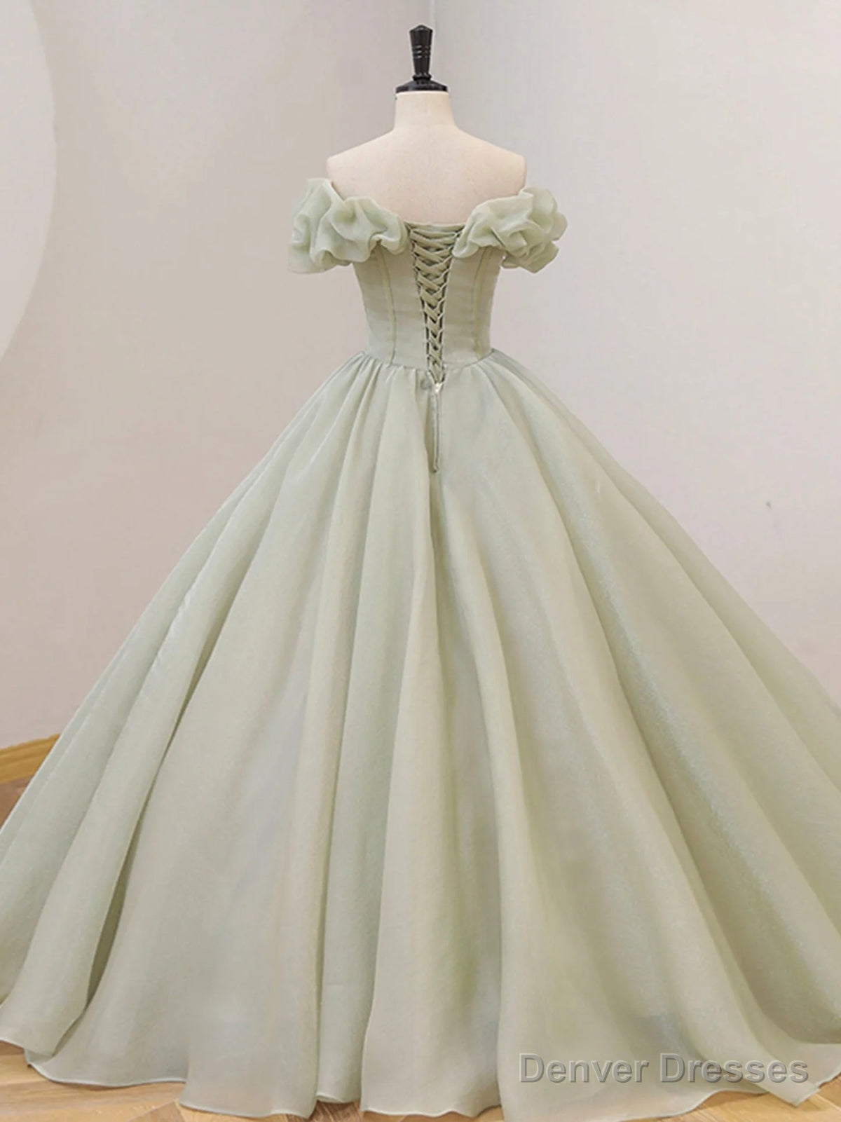 Off the Shoulder Green Tulle Beaded Prom Dresses, Green Beaded Off Shoulder Formal Evening Dresses Secondary image
