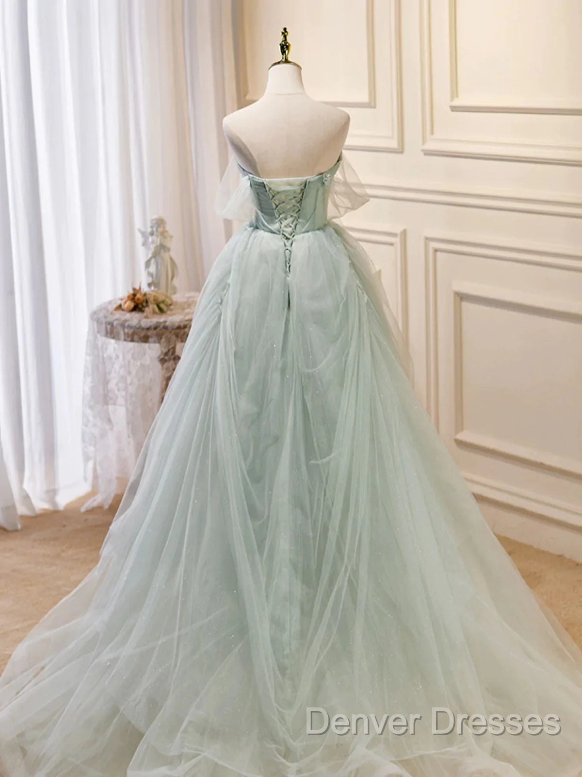 Off The Shoulder Green Tulle Long Prom Dress