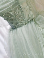 Off The Shoulder Green Tulle Long Prom Dress