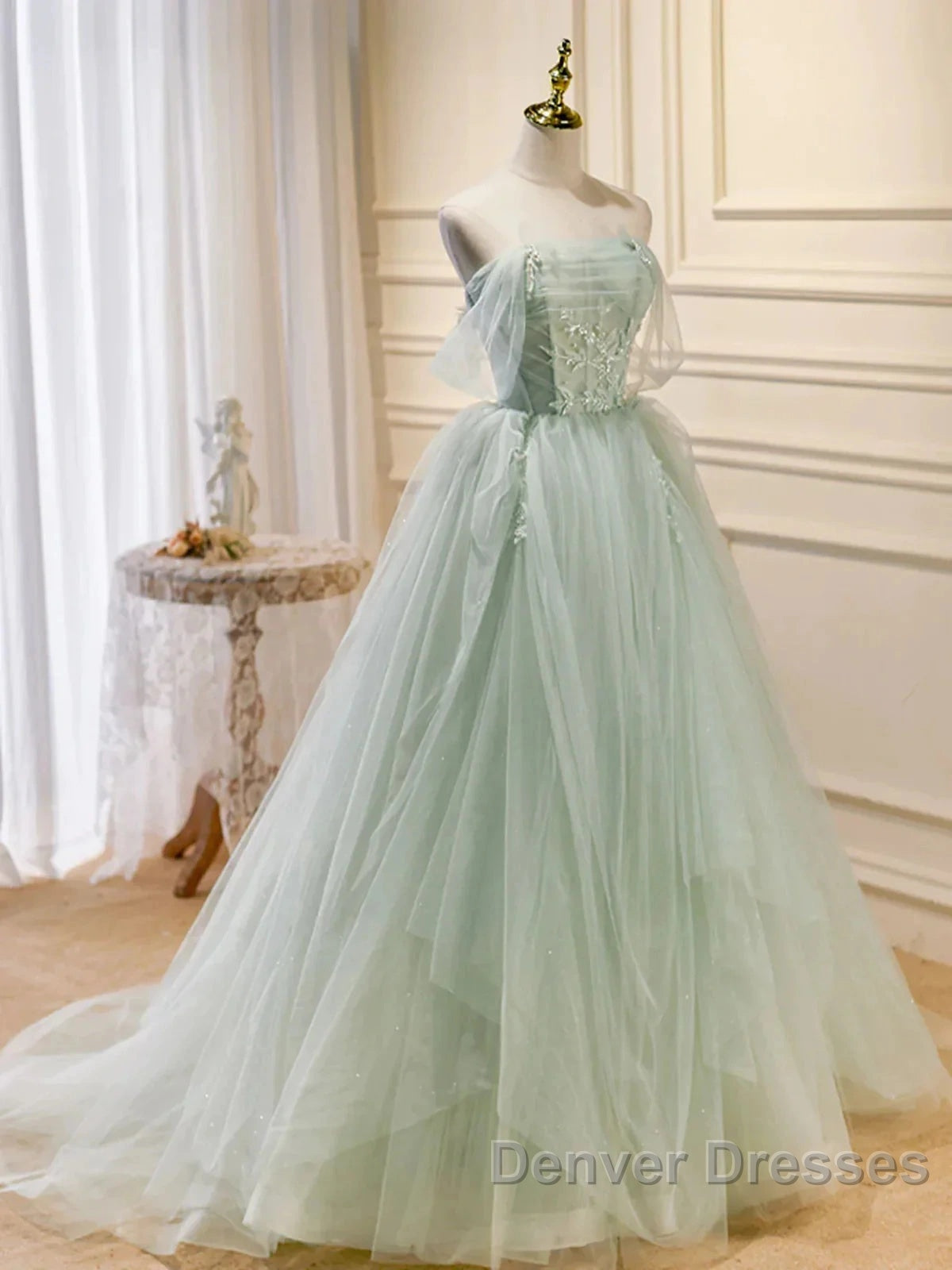 Off The Shoulder Green Tulle Long Prom Dress, Green Long Formal Evening Dress Secondary image
