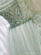 Off The Shoulder Green Tulle Long Prom Dress, Green Long Formal Evening Dress