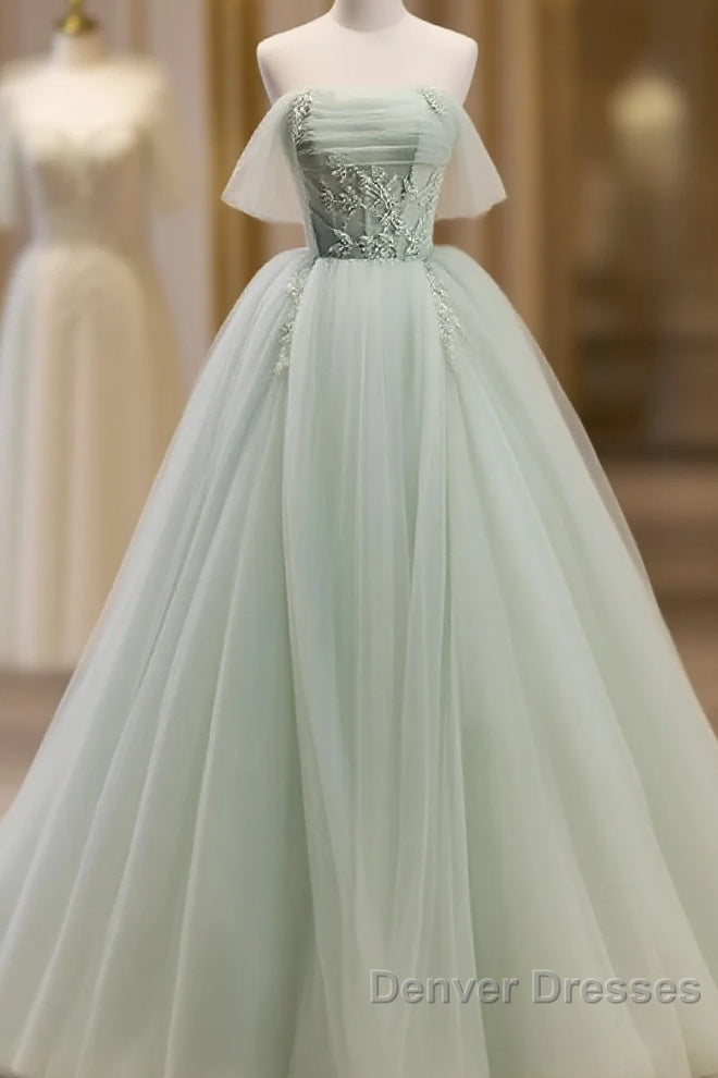 Off The Shoulder Green Tulle Long Prom Dress, Green Long Formal Evening Dress