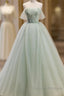 Off The Shoulder Green Tulle Long Prom Dress, Green Long Formal Evening Dress
