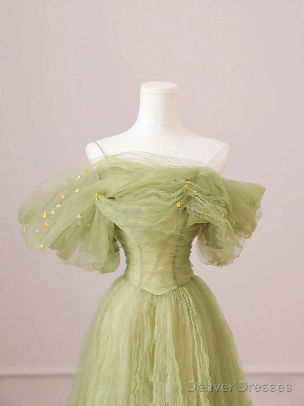 Off the Shoulder Green Tulle Long Prom Dresses, Green Tulle Long Formal Evening Dresses Secondary image
