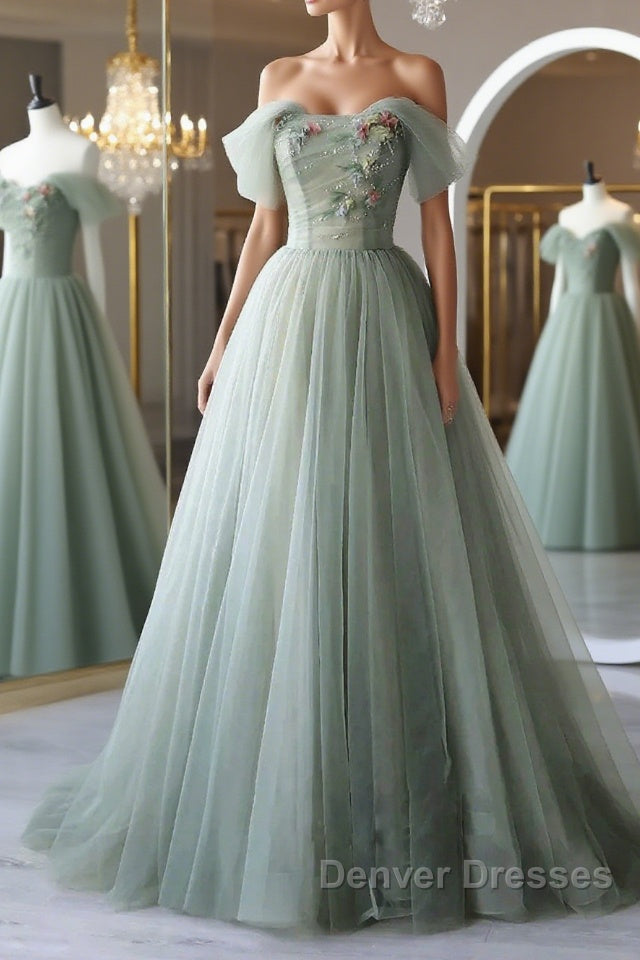 Off the Shoulder Green Tulle Long Prom Dress, Green Tulle Off Shoulder Formal Evening Dress Main image