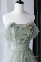 Off the Shoulder Green Tulle Long Prom Dress, Green Tulle Off Shoulder Formal Evening Dress