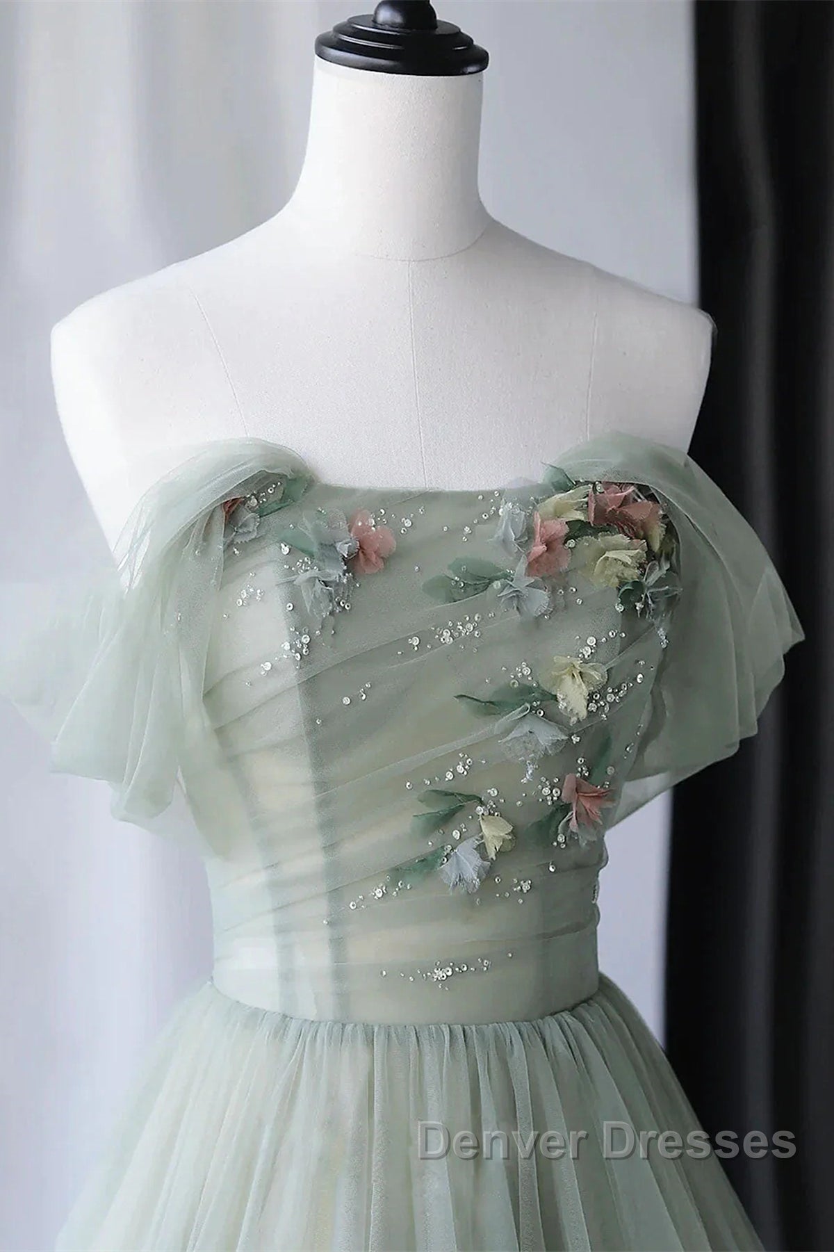 Off the Shoulder Green Tulle Long Prom Dress, Green Tulle Off Shoulder Formal Evening Dress Secondary image