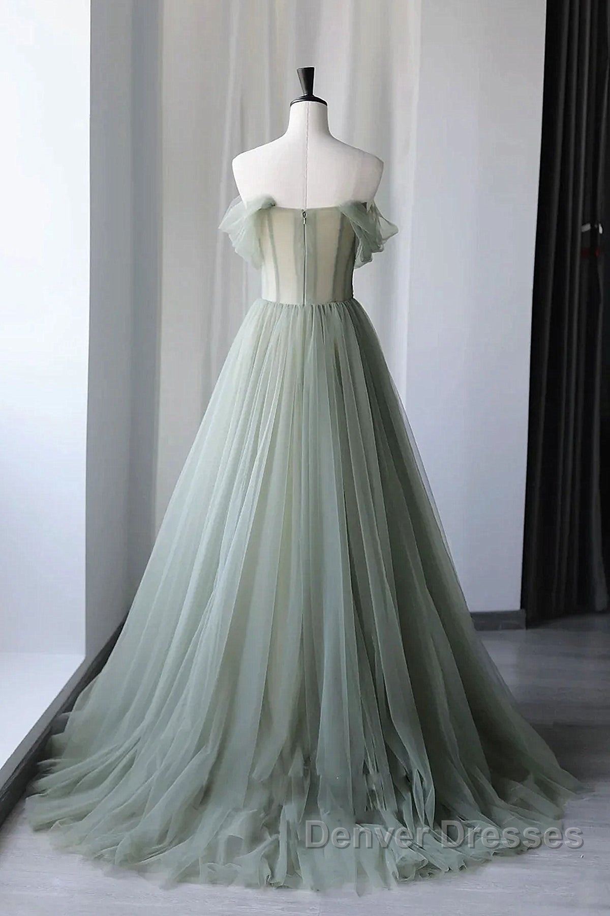 Off the Shoulder Green Tulle Long Prom Dress, Green Tulle Off Shoulder Formal Evening Dress
