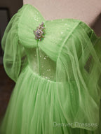 Off The Shoulder Green Tulle Long Prom Dress, Off Shoulder Green Long Formal Graduation Dress