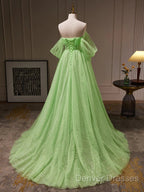 Off The Shoulder Green Tulle Long Prom Dress, Off Shoulder Green Long Formal Graduation Dress