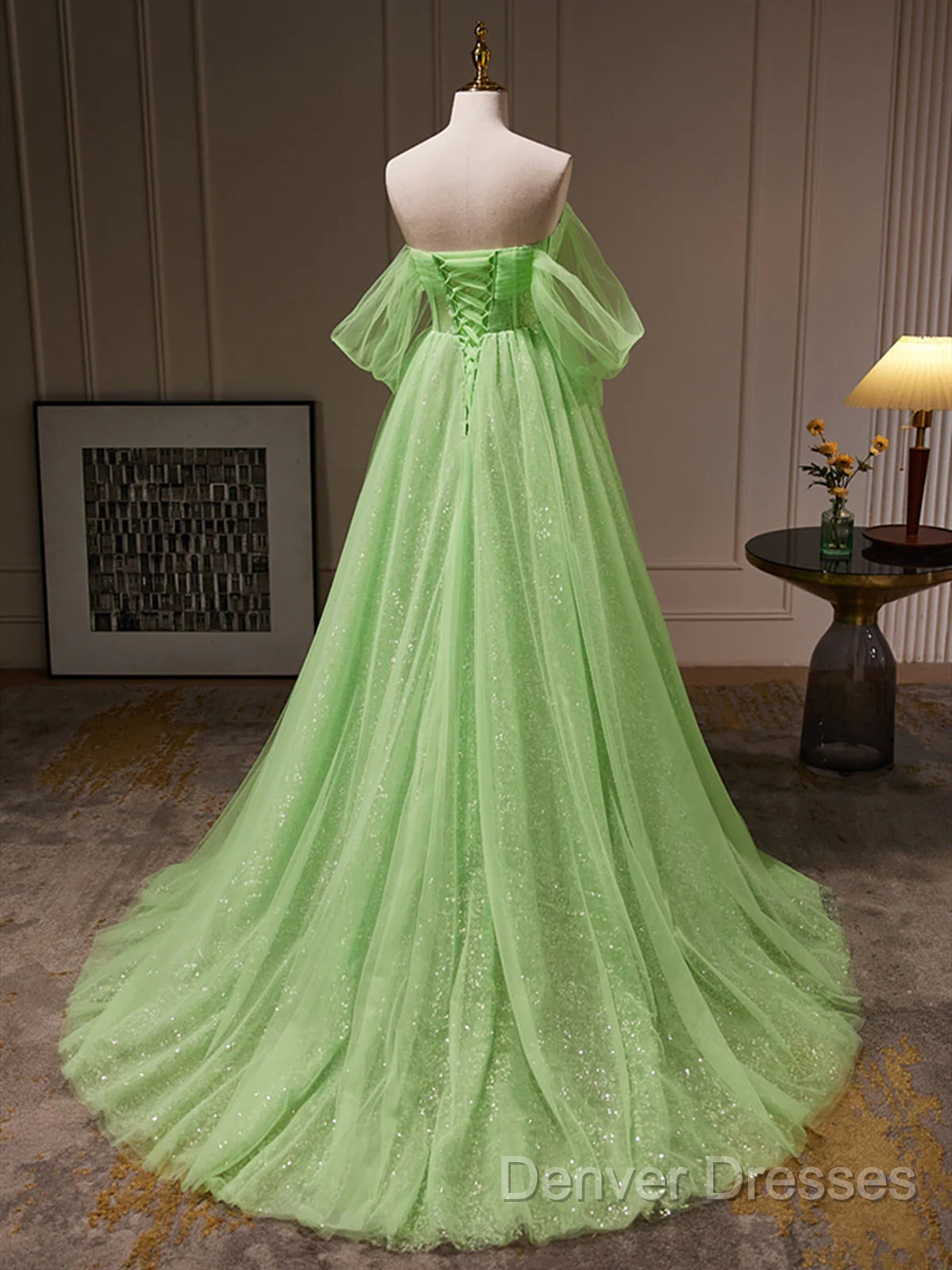Off The Shoulder Green Tulle Long Prom Dress, Off Shoulder Green Long Formal Graduation Dress