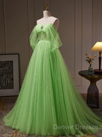 Off The Shoulder Green Tulle Long Prom Dress, Off Shoulder Green Long Formal Graduation Dress