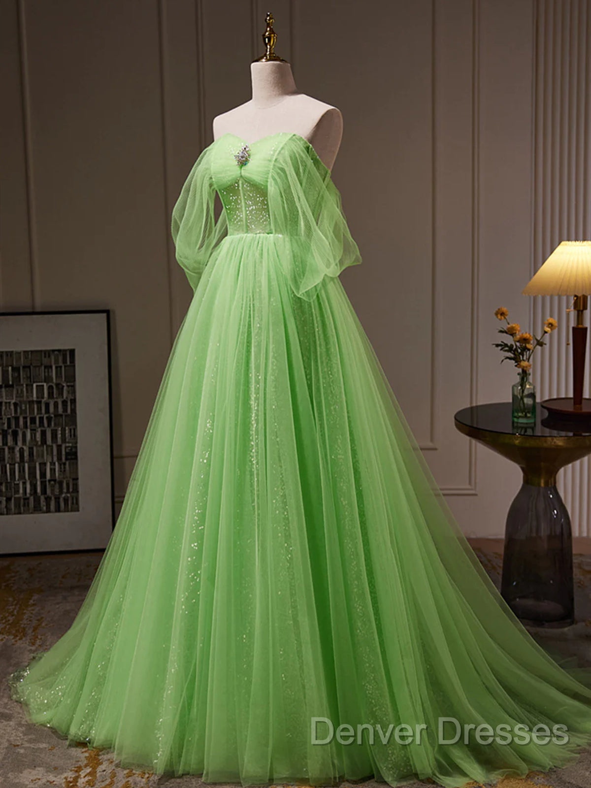Off The Shoulder Green Tulle Long Prom Dress, Off Shoulder Green Long Formal Graduation Dress
