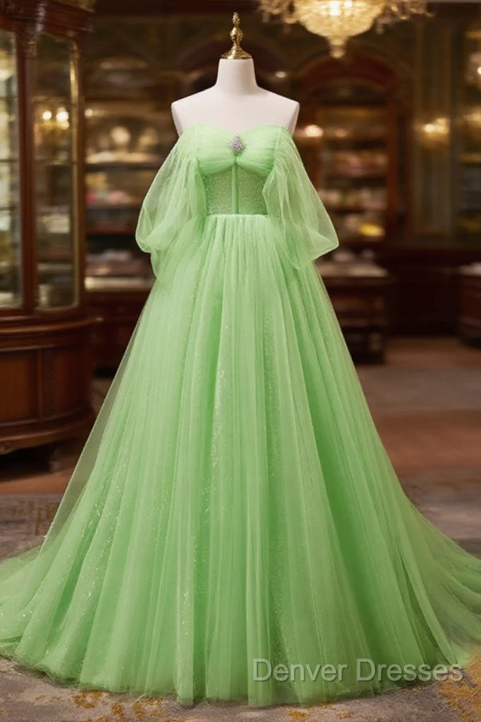 Off The Shoulder Green Tulle Long Prom Dress, Off Shoulder Green Long Formal Graduation Dress Main image