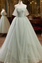 Off The Shoulder Green Tulle Long Prom Dress
