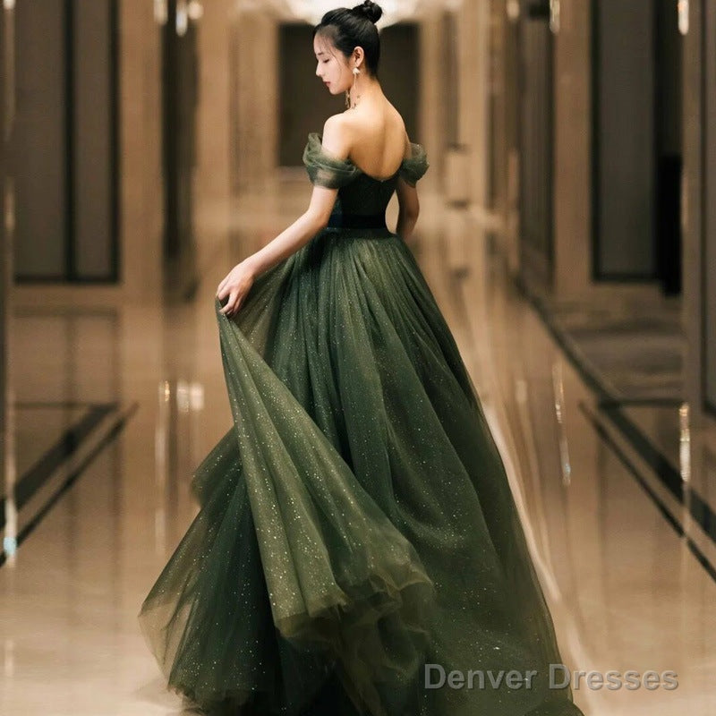 Off The Shoulder Green Tulle Prom Dress A Line Birthday Party Dress Main image