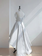 Off The Shoulder High Low Gray Lace Prom Dresses, High Low Gray Lace Formal Homecoming Dresses