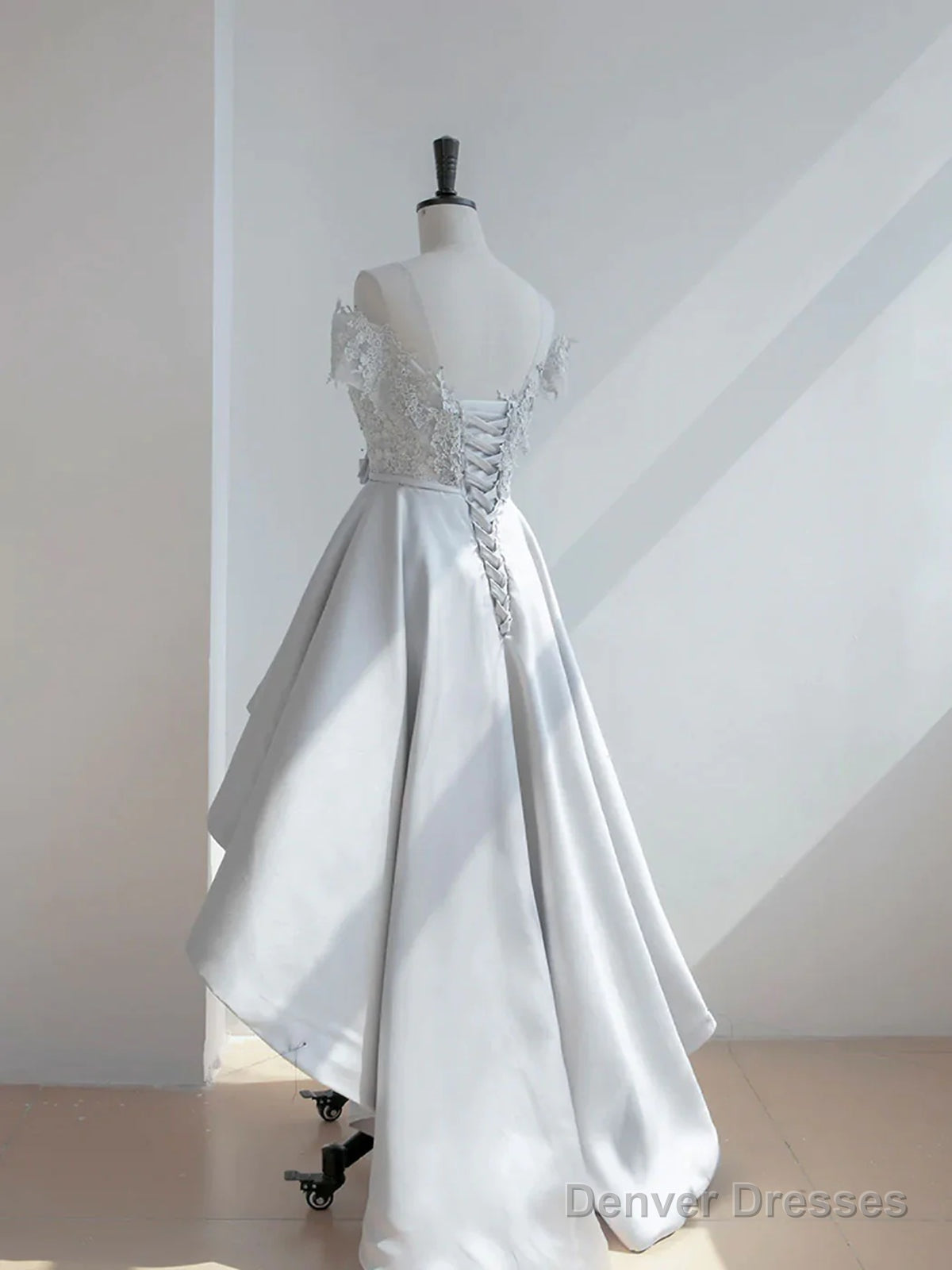 Off The Shoulder High Low Gray Lace Prom Dresses, High Low Gray Lace Formal Homecoming Dresses