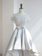 Off The Shoulder High Low Gray Lace Prom Dresses, High Low Gray Lace Formal Homecoming Dresses