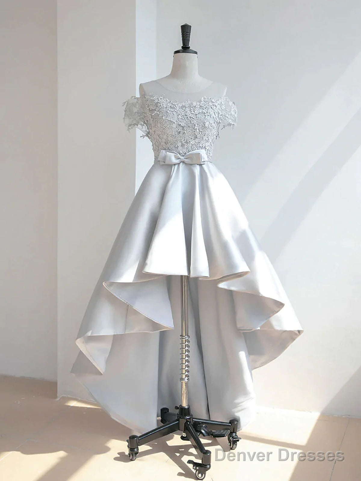 Off The Shoulder High Low Gray Lace Prom Dresses, High Low Gray Lace Formal Homecoming Dresses Main image